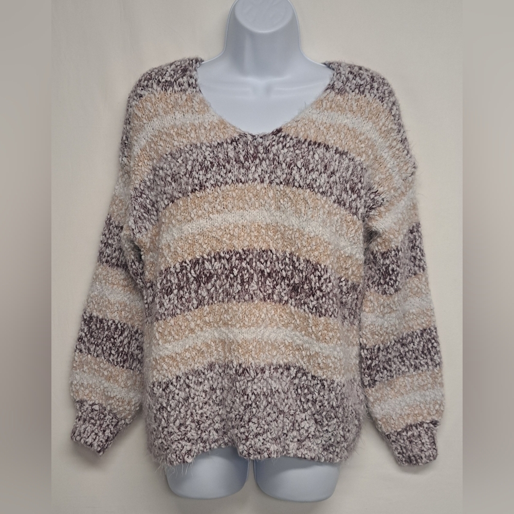 Knox Rose M Fuzzy Soft Stretch V Neck Knit Sweater Long Sleeve